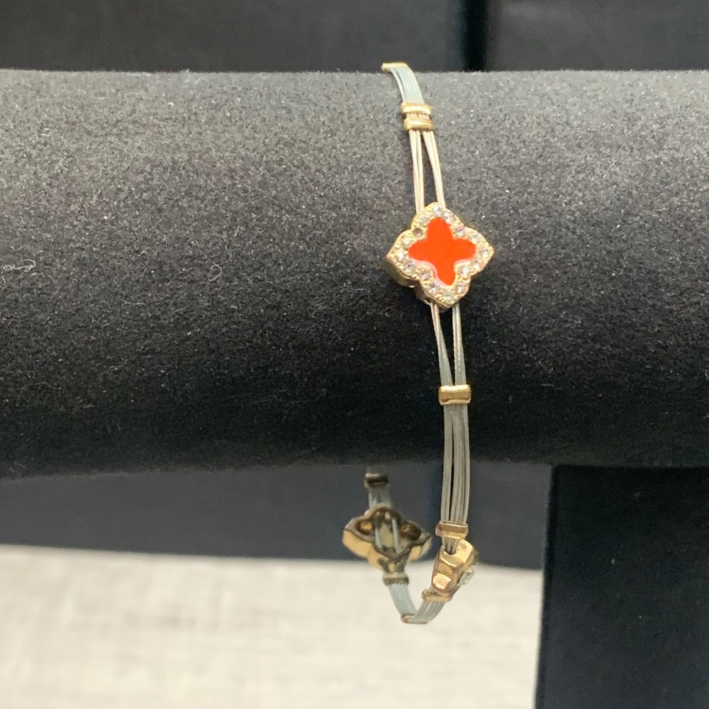 Gold Silver Tone Cable Wire Bangle Enamel Quatrefoil Crystal Star Bracelet 8.5in